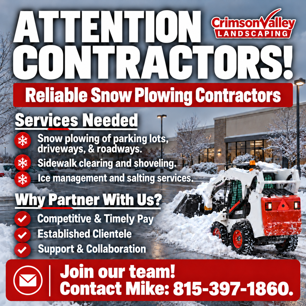 Crimson Valley snow removal ad for contractors, with plow truck and contact info on a snowy background