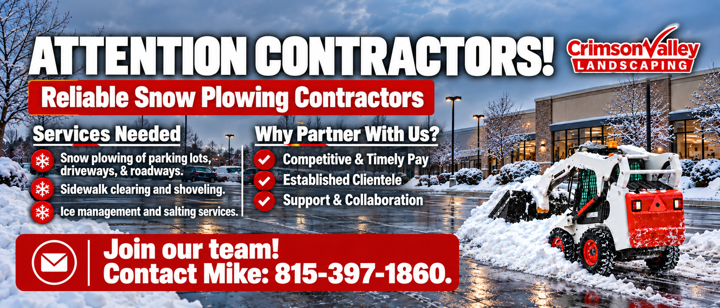 Crimson Valley snow removal ad for contractors, with plow truck and contact info on a snowy background