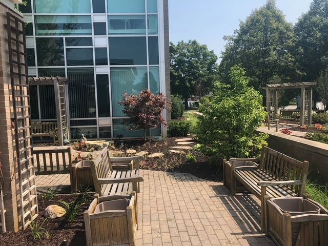 A sunlit outdoor courtyard with brick pavers, wooden benches, planter boxes, a small garden, and a modern glass building.
