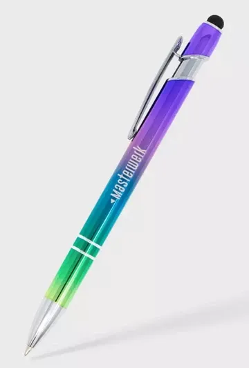 A rainbow colored pen with the word waste on it