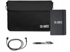 A black bag , a notebook , a pen , and a cord are on a white background.