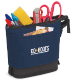 A blue pencil case with a logo that says co-hoots