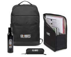 A black backpack with the word co-hoots on it