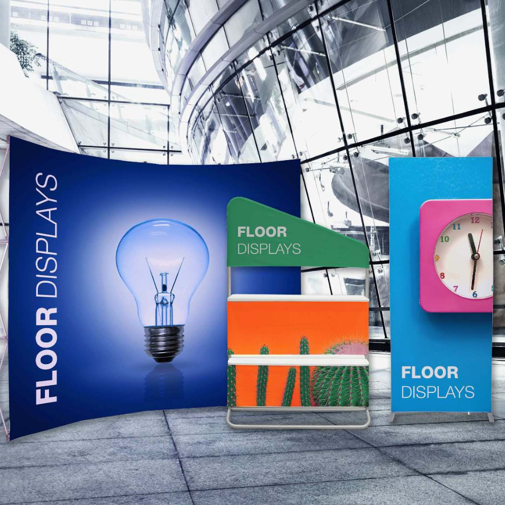 A display of floor displays with a light bulb and a clock