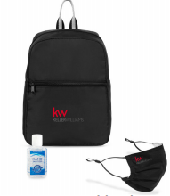 A black backpack with a mask and a bottle of hand sanitizer.