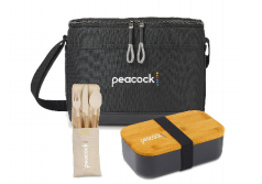 A peacock lunch bag with a lunch box and utensils