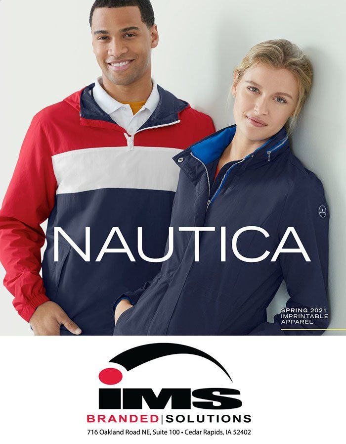 A man and a woman are standing next to each other in a nautica advertisement.