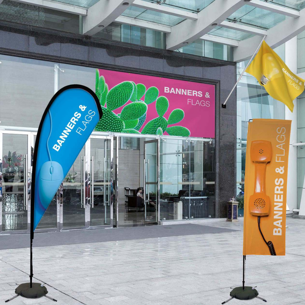 Banners and flags are displayed in front of a building