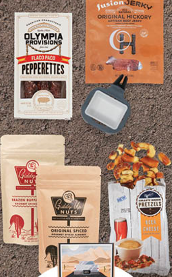 A variety of snacks including jerky and pretzels are displayed on a table.