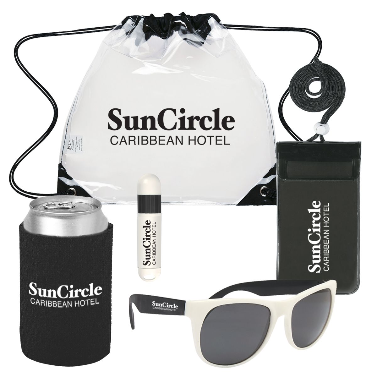 A suncircle caribbean hotel gift set with sunglasses a can of soda and a lip balm