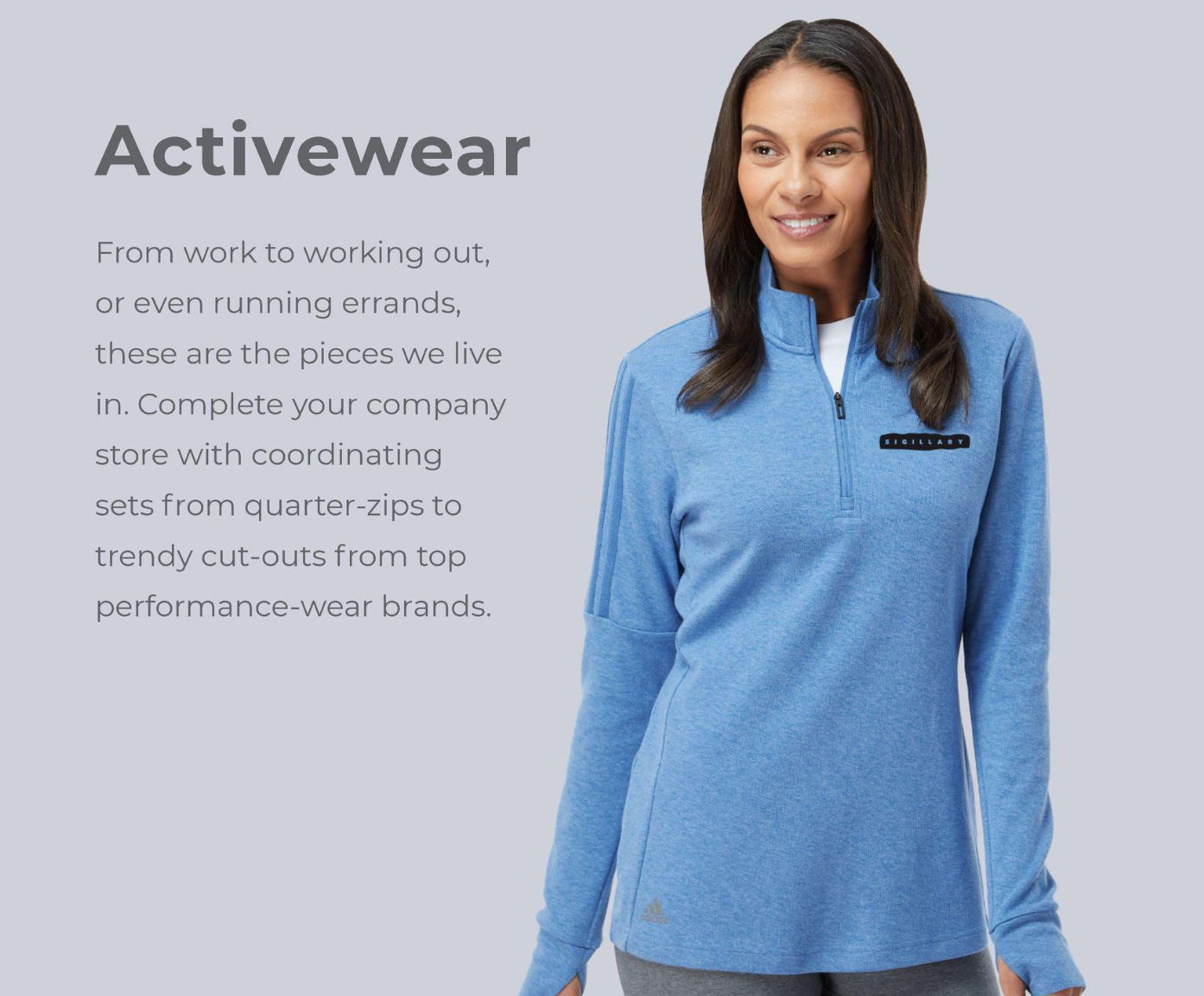 A woman is wearing a blue activewear sweatshirt