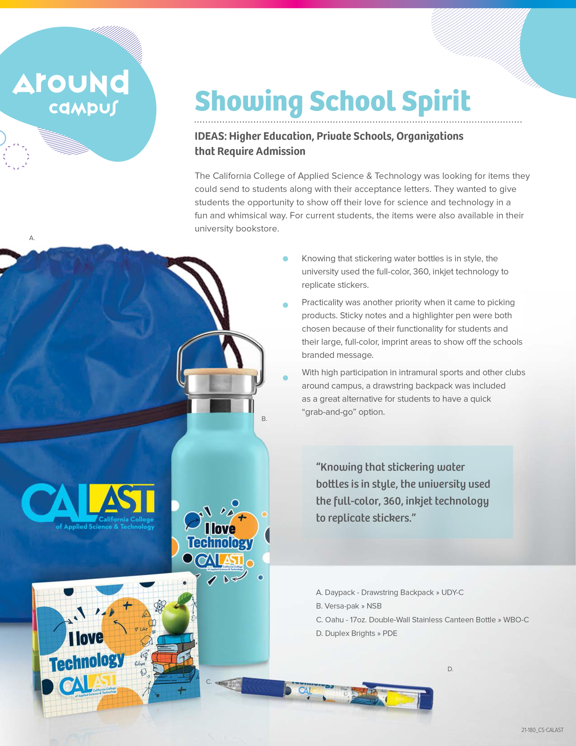 A brochure for showing school spirit with a water bottle , pen , and bag.