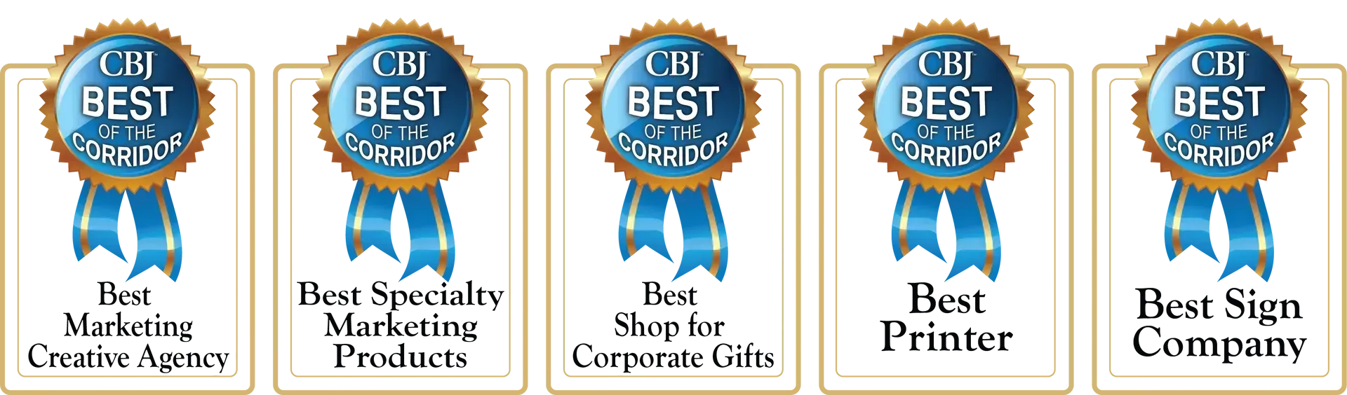 A row of best awards with blue ribbons