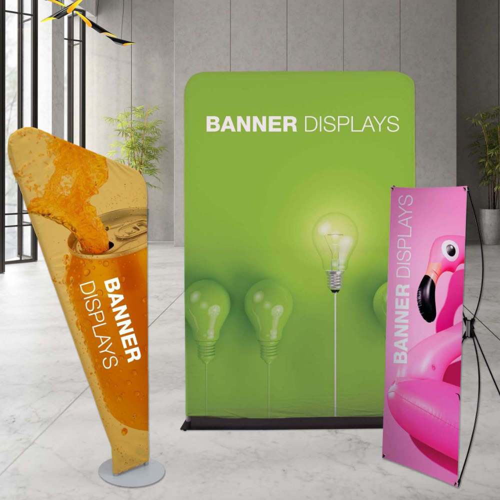A banner display with a flamingo and light bulbs on it