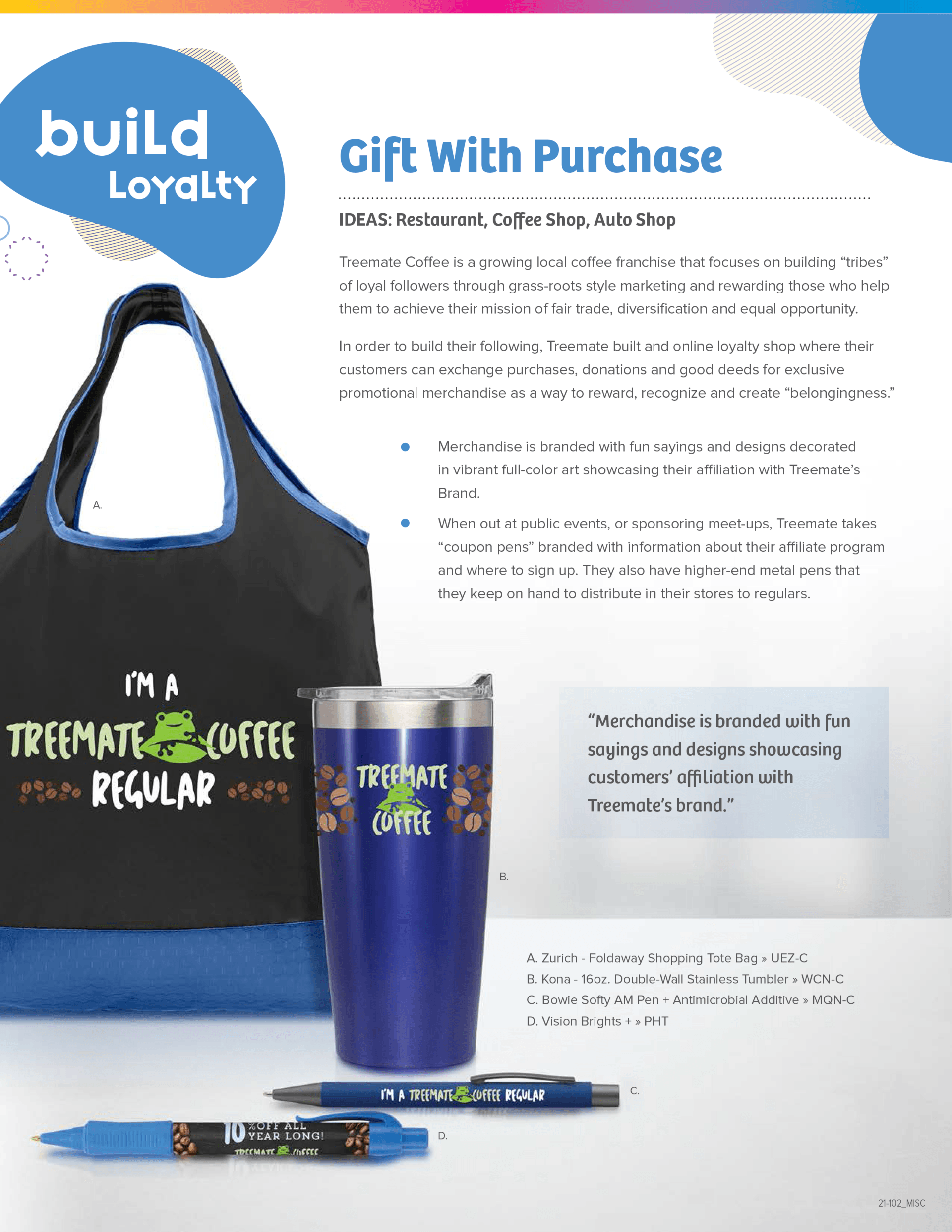A flyer for a gift with purchase includes a bag , a tumbler , and a pen.