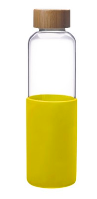 A glass water bottle with a yellow silicone sleeve and a wooden lid.