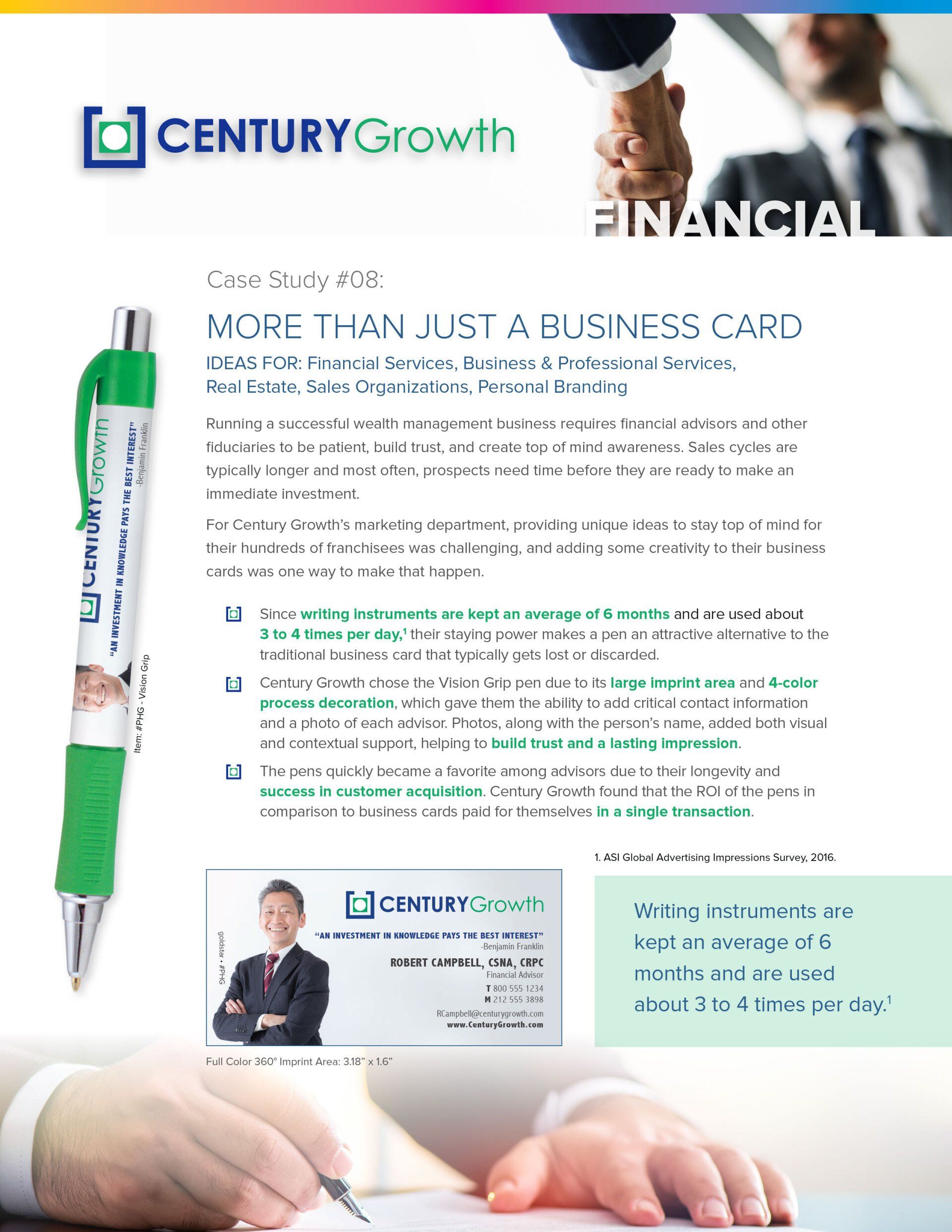 A pen with a picture of a man on it is sitting on a table next to a business card.