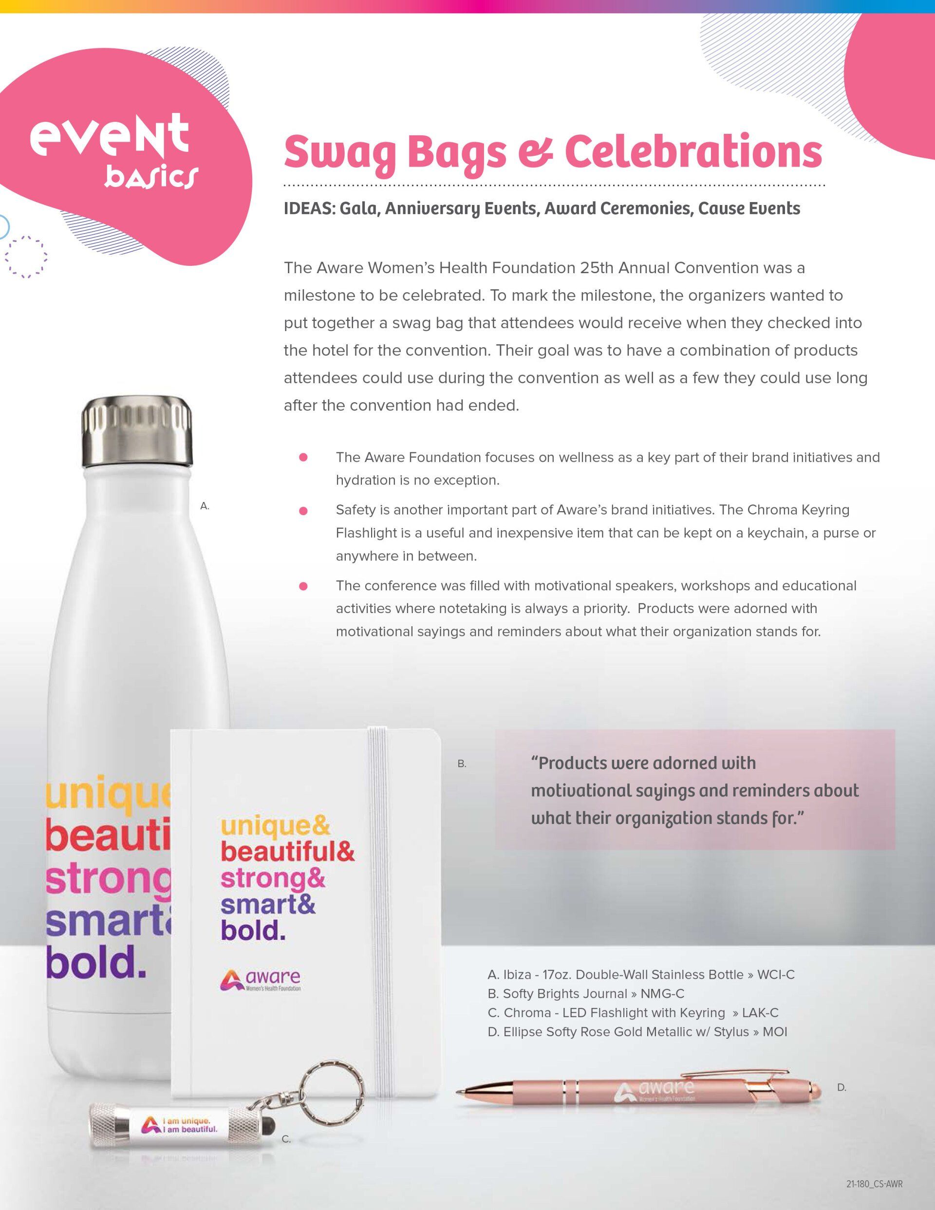 A flyer for swag bags and celebrations with a water bottle , notebook , pen and keychain.
