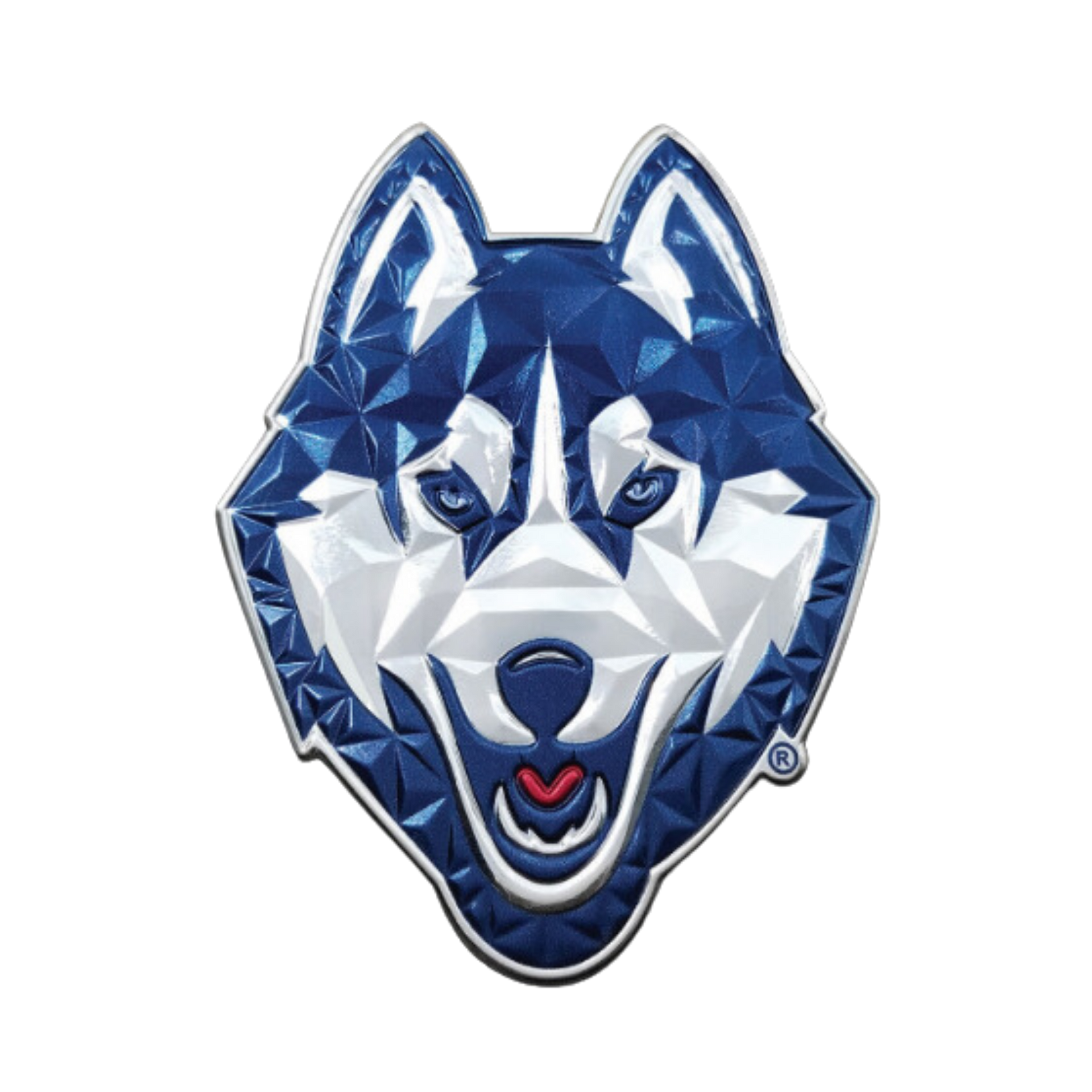 A blue and white husky logo on a white background