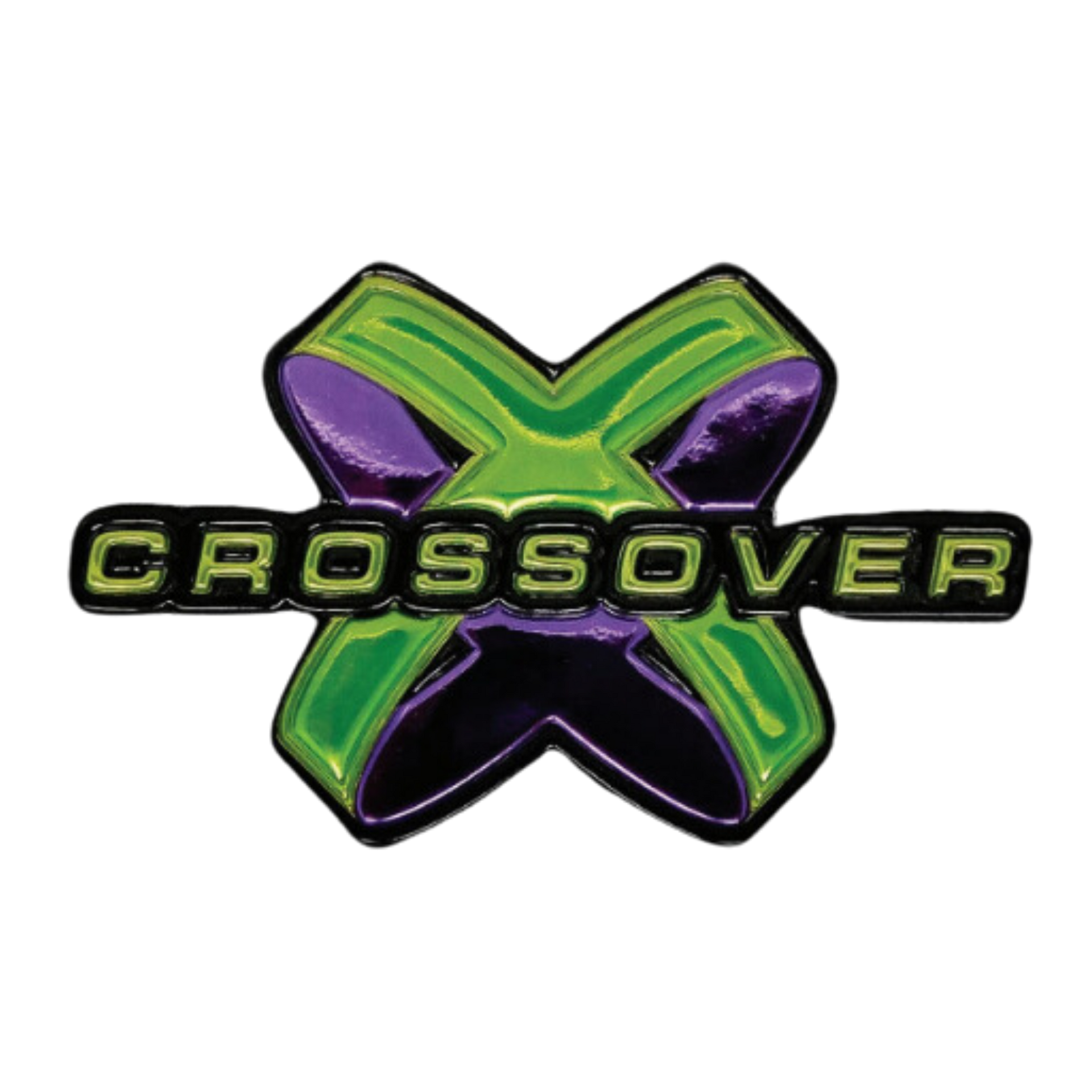 A green and purple crossover logo on a white background