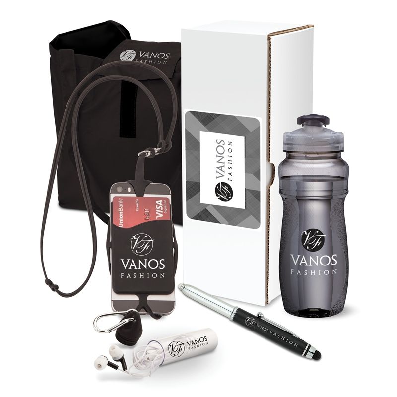 A vanos fashion gift set with a water bottle and a pen