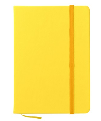 A yellow notebook with a yellow strap on a white background.