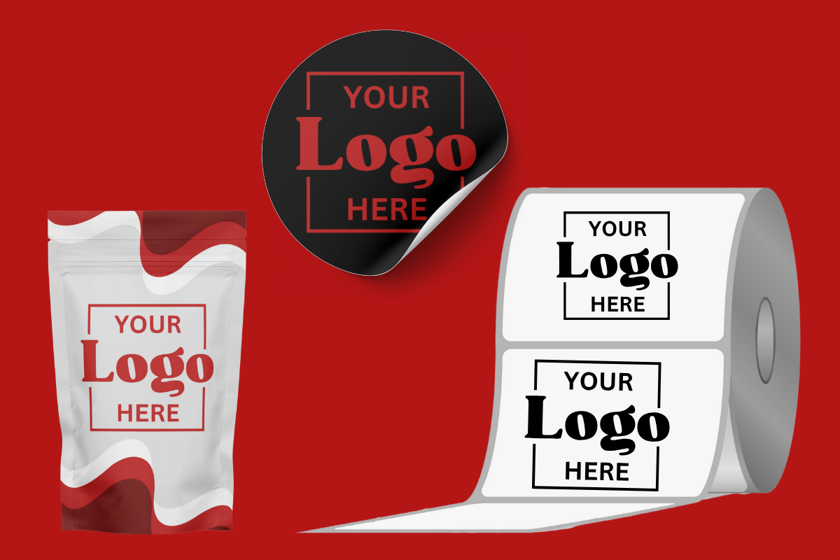 A roll of stickers and a bag with a logo on them on a red background.