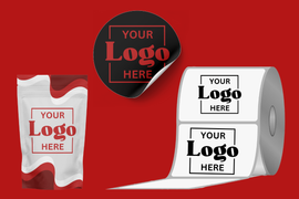 A roll of stickers and a bag with a logo on them on a red background.