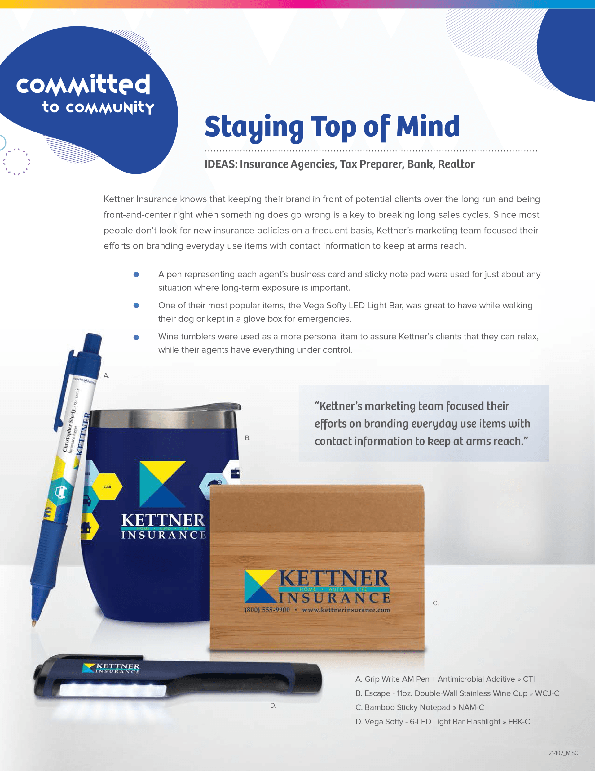 A flyer with a pen , a cup , and a box on it.