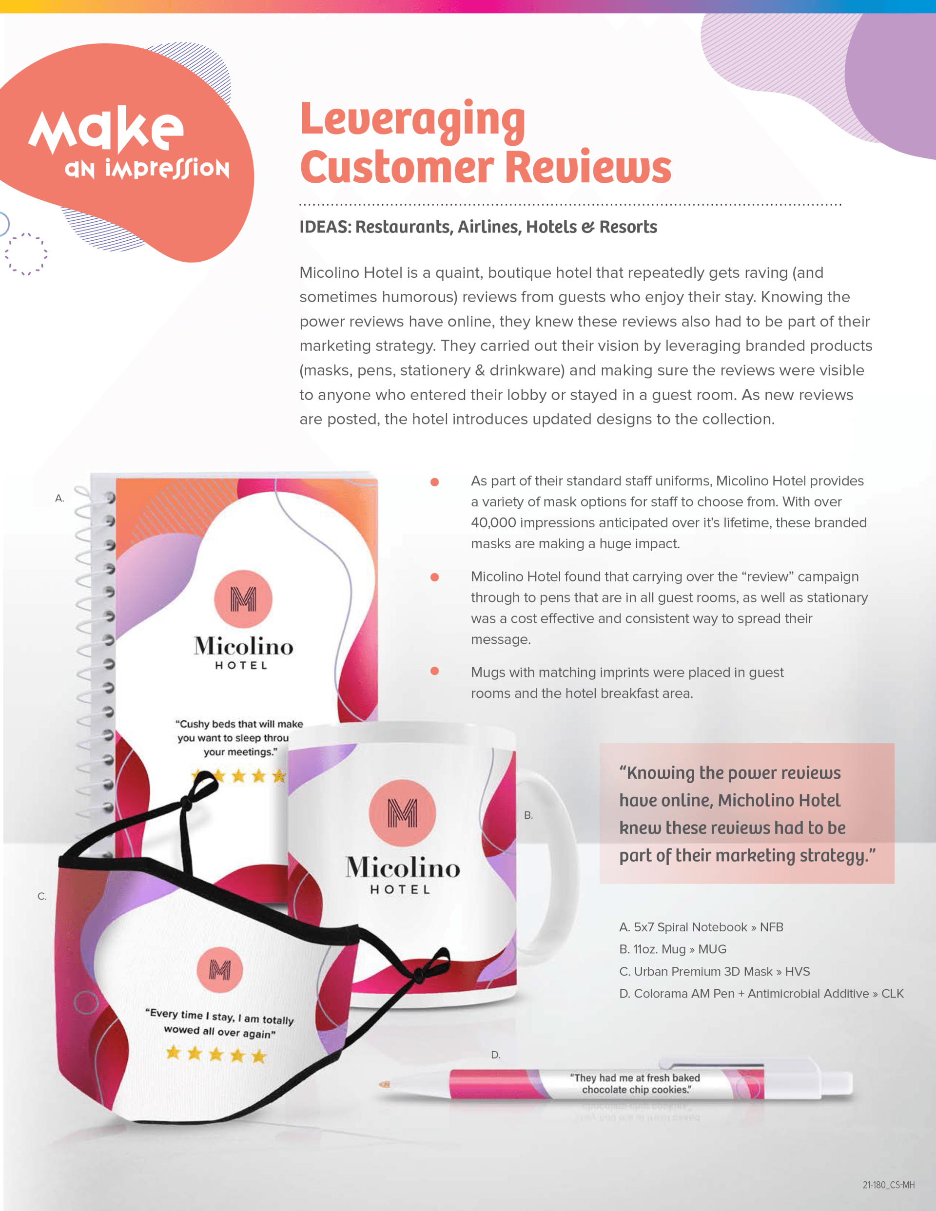 A flyer for leveraging customer reviews with a mug , notebook and pen.
