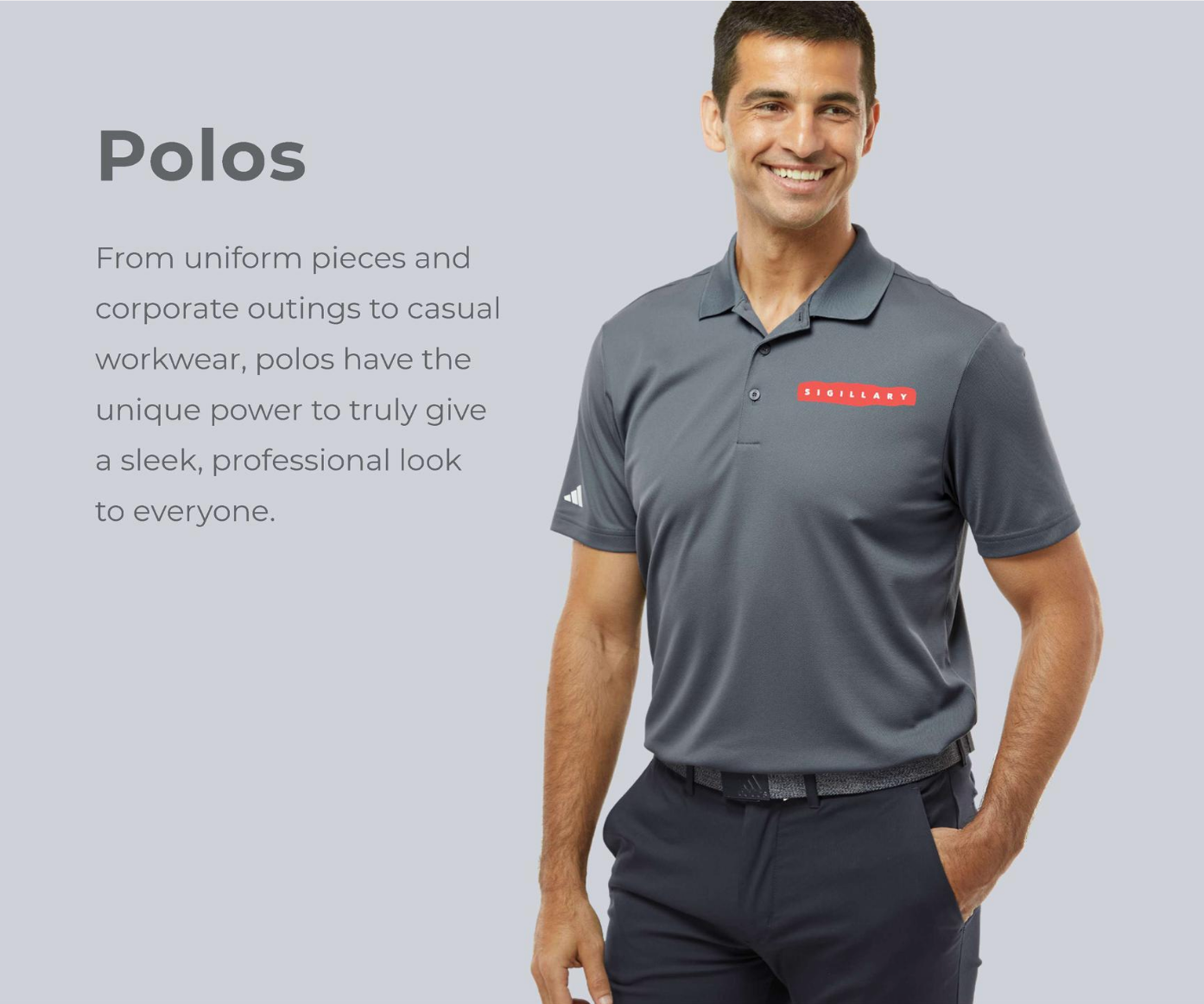 A man wearing a grey polo shirt and black pants