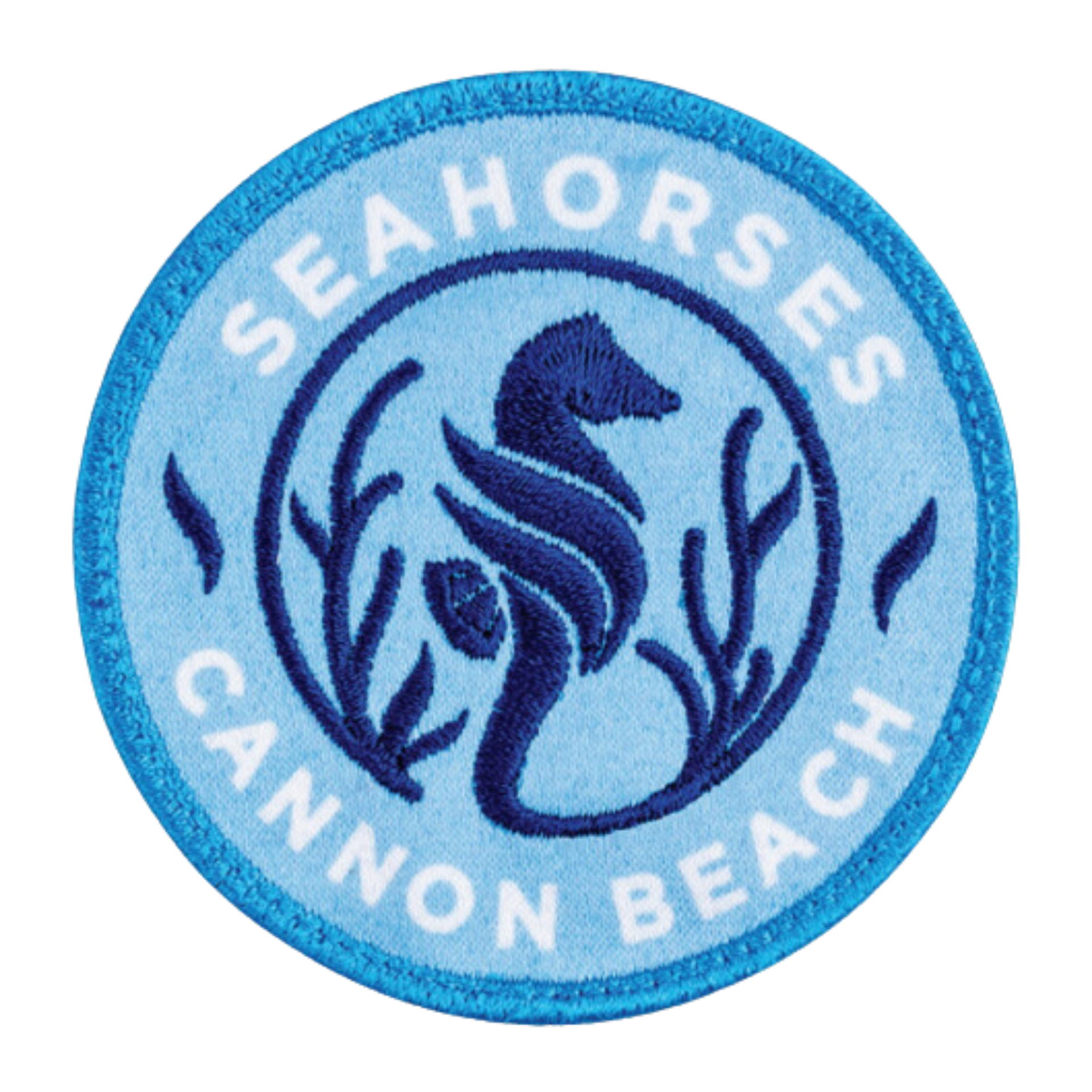 A patch that says seahorses cannon beach on it