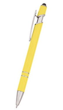 A yellow pen with a silver clip on a white background.