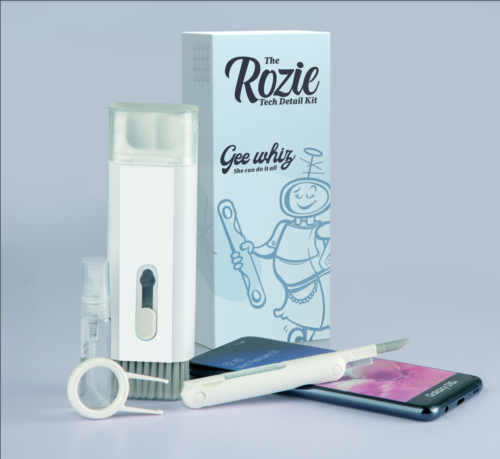 A box of rozie gee whiz next to a cell phone.