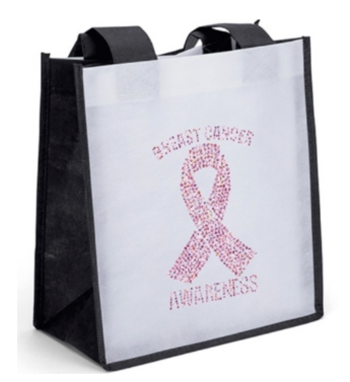 A breast cancer awareness bag with a pink ribbon on it