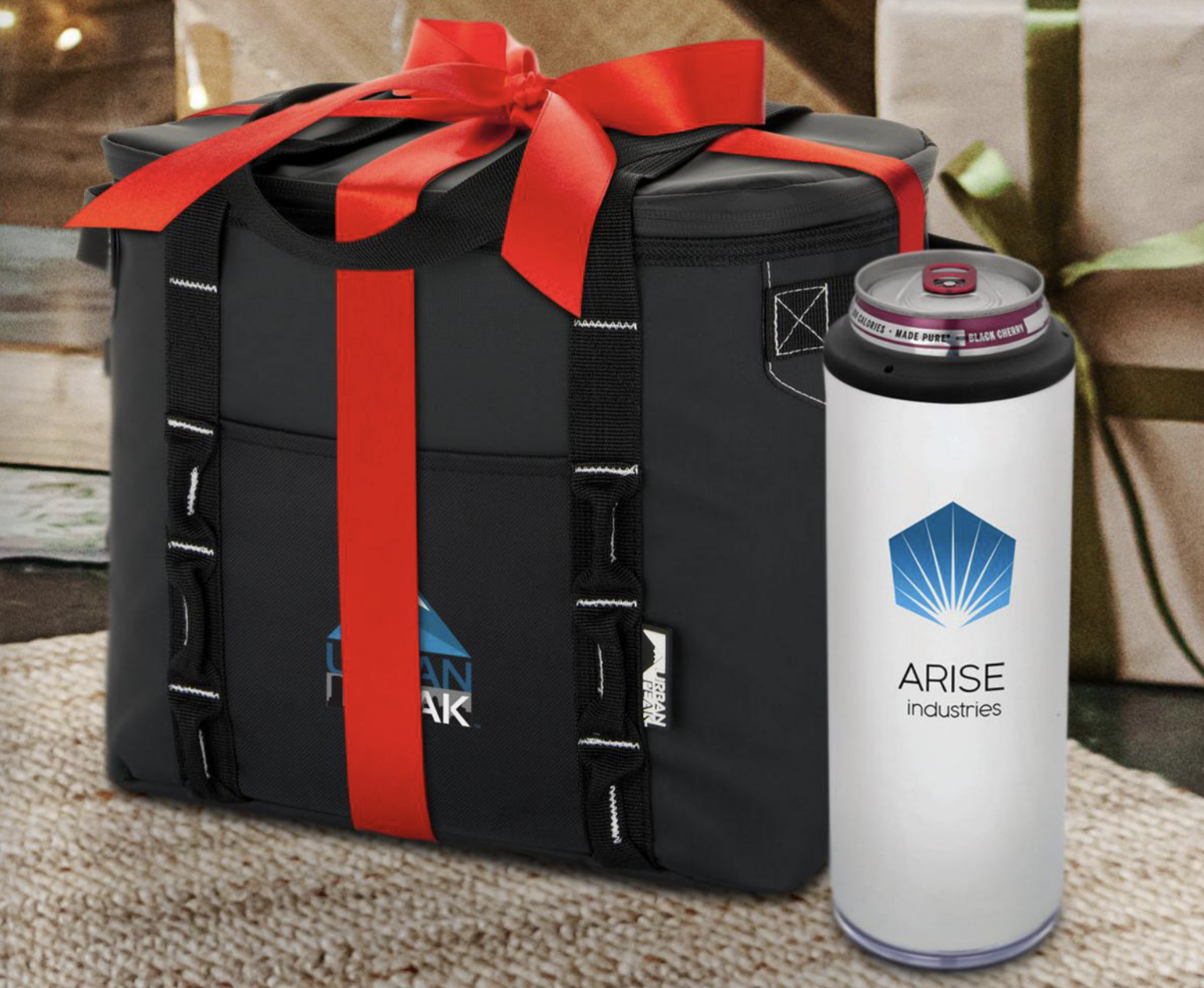 A black bag with a red ribbon and a white can that says arise