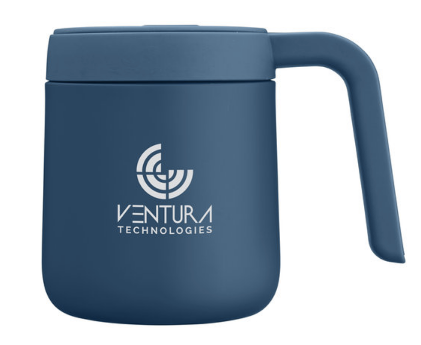 A blue mug that says ventura technologies on it