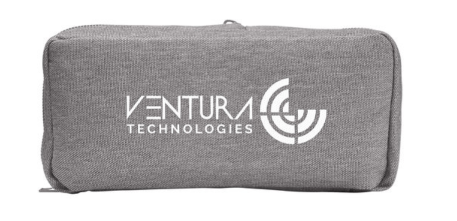 A gray venture technologies bag is sitting on a white surface.