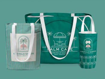 A green and white striped tote bag and a green and white striped cup