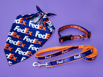 A fedex dog bandana and leash on a purple background