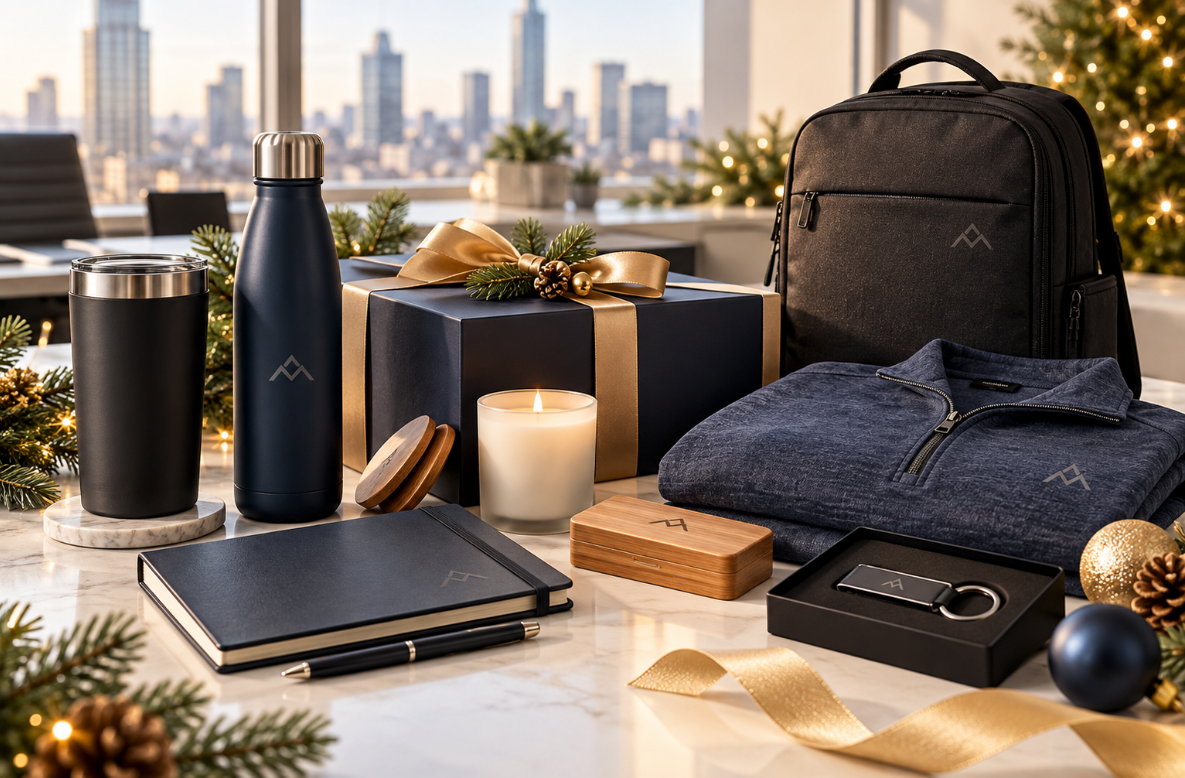 orporate holiday gift collection featuring branded apparel, drinkware, a backpack, notebook and gift