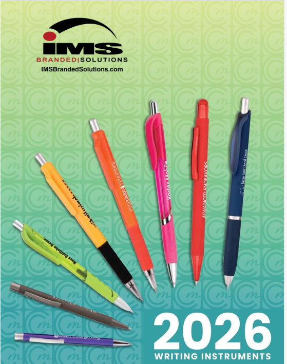 A group of pens are lined up on a blue and white background