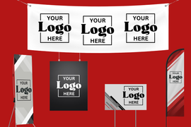 A set of signs with the words `` your logo here '' on them