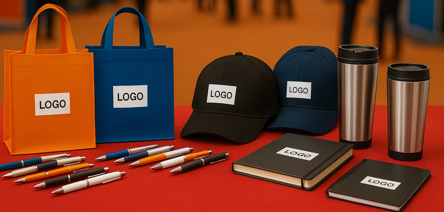 Exchanging a branded orange tote bag, pen, and stainless steel tumbler at a busy fall trade show