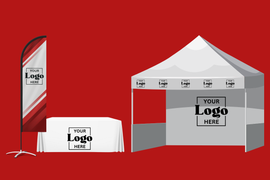 A tent , table , and flag with a logo on them on a red background.