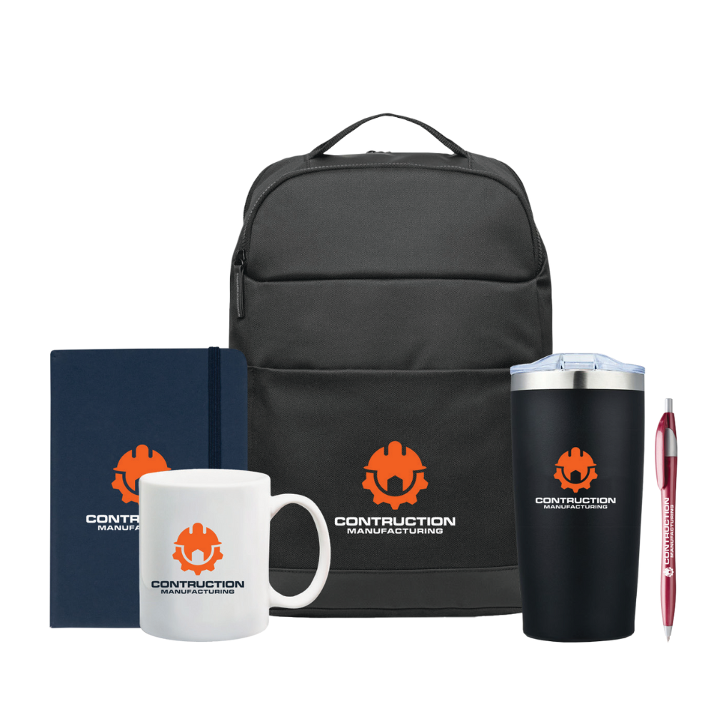 A backpack a mug a notebook a pen and a tumbler with a construction logo on them