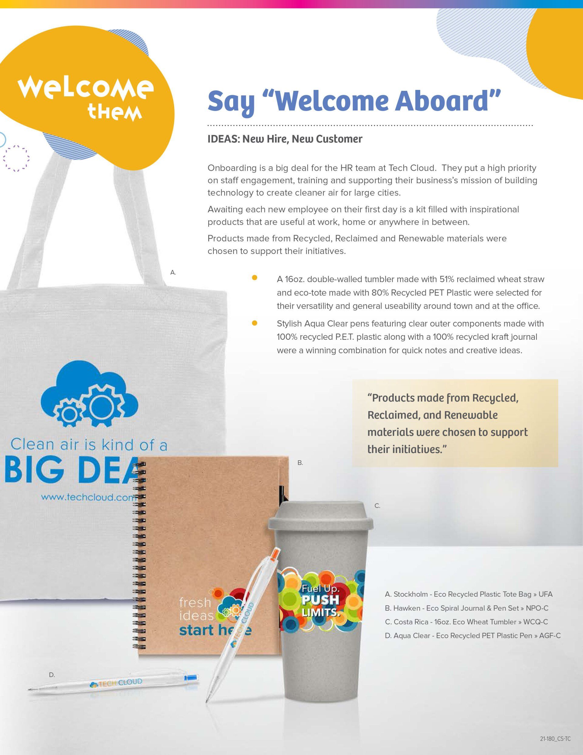 A welcome aboard flyer with a coffee cup and a notebook