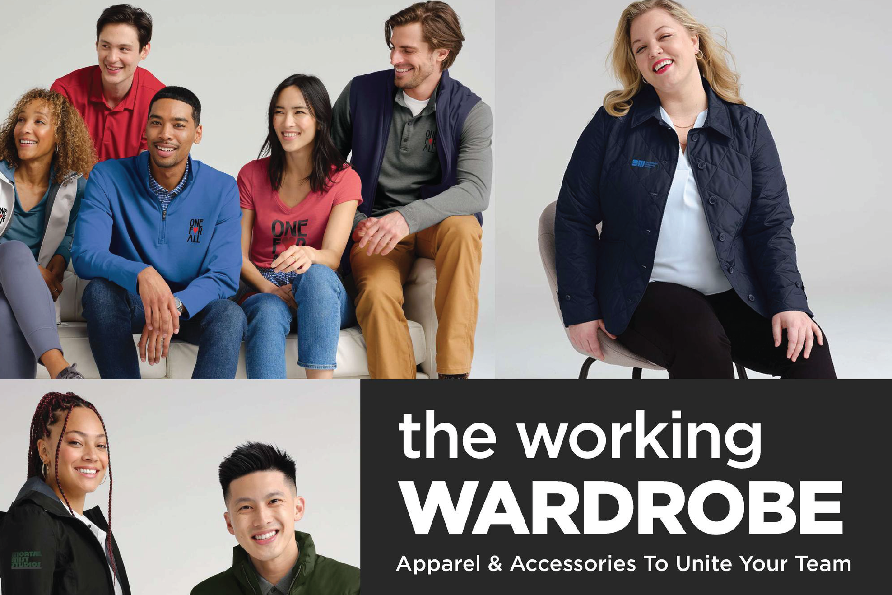 A group of people are sitting on a couch in front of a sign that says the working wardrobe.