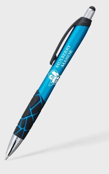 A blue pen that says mulberry manor on it