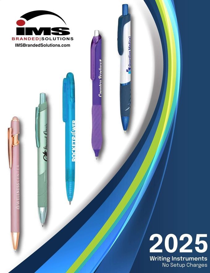 A group of pens are lined up on a blue and white background